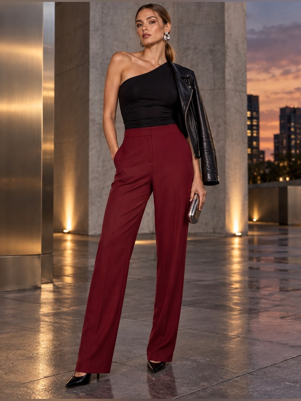 ZARA HIGH-WAISTED STRAIGHT-LEG PANTS BURGUNDY | SIZE MEDIUM